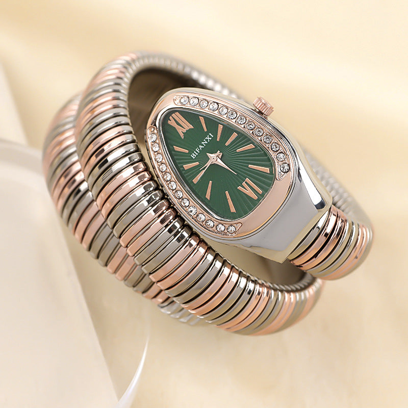 Slangeinspireret Quartzur med Armbånd i Rustfrit Stål og Oval Urskive