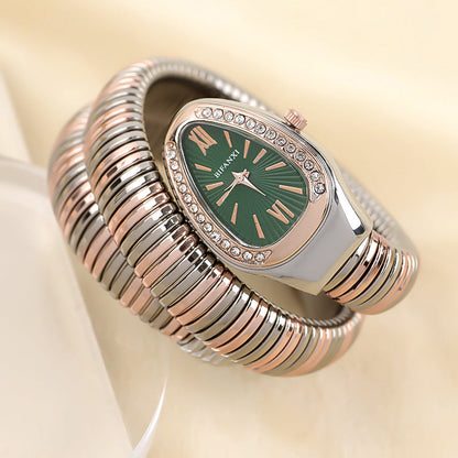 Slangeinspireret Quartzur med Armbånd i Rustfrit Stål og Oval Urskive
