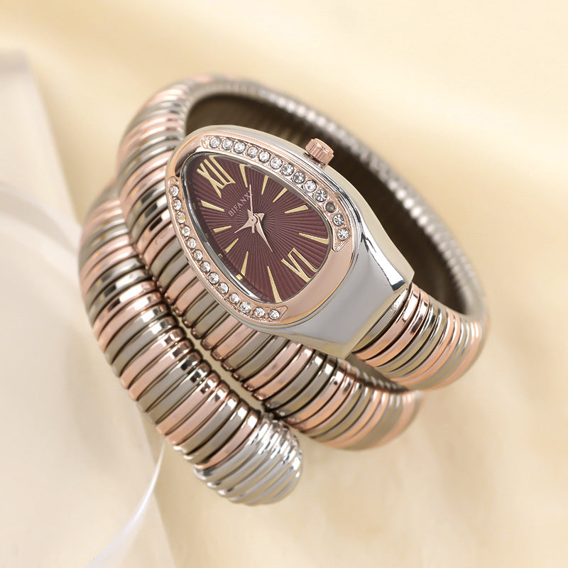 Slangeinspireret Quartzur med Armbånd i Rustfrit Stål og Oval Urskive