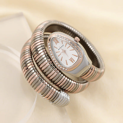 Slangeinspireret Quartzur med Armbånd i Rustfrit Stål og Oval Urskive