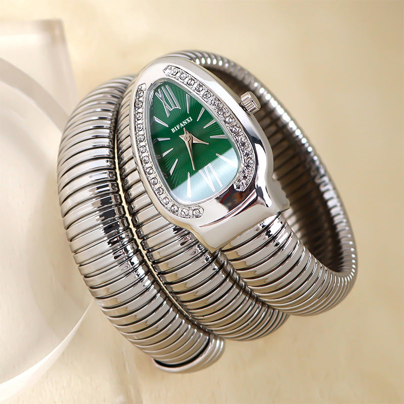 Slangeinspireret Quartzur med Armbånd i Rustfrit Stål og Oval Urskive