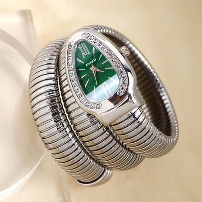 Slangeinspireret Quartzur med Armbånd i Rustfrit Stål og Oval Urskive