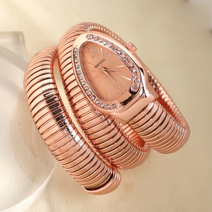 Slangeinspireret Quartzur med Armbånd i Rustfrit Stål og Oval Urskive