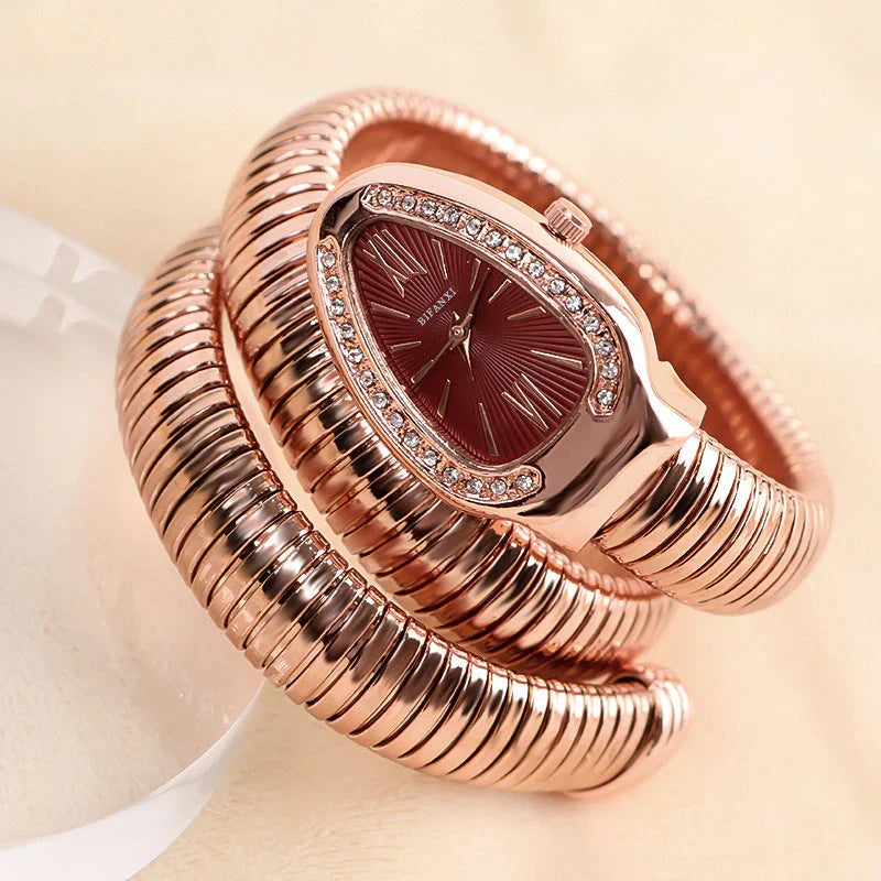 Slangeinspireret Quartzur med Armbånd i Rustfrit Stål og Oval Urskive