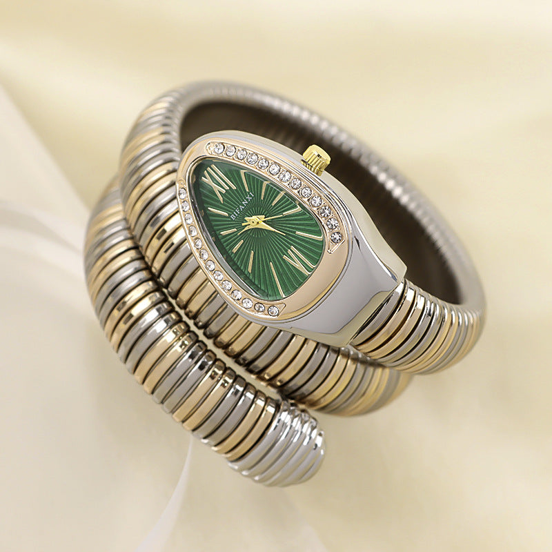 Slangeinspireret Quartzur med Armbånd i Rustfrit Stål og Oval Urskive