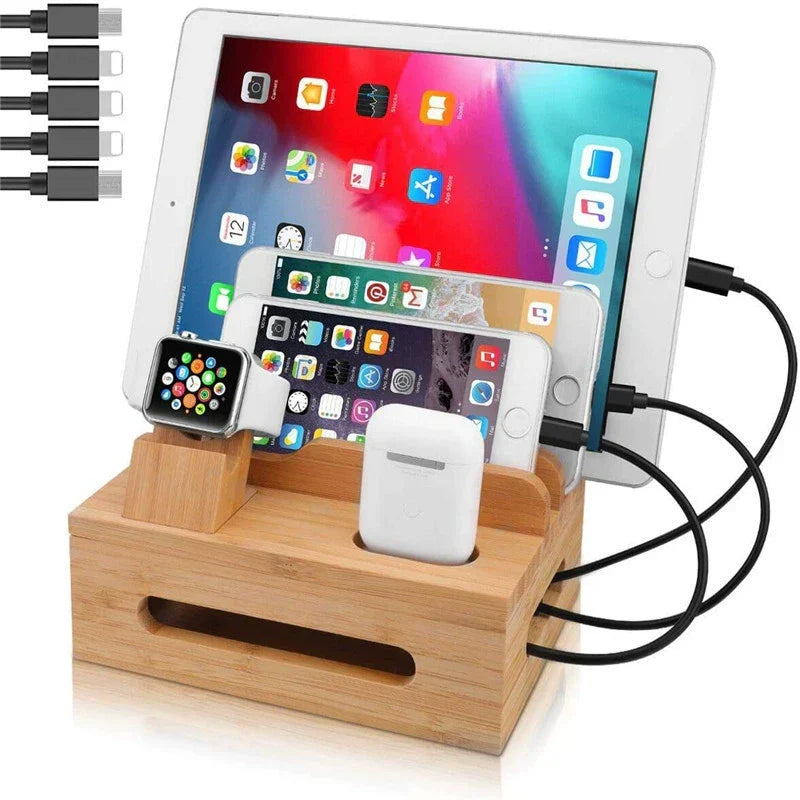 Tekavo bambusladestation med 5 USB-porte og organiseringsdock