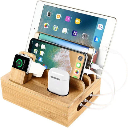 Tekavo bambusladestation med 5 USB-porte og organiseringsdock