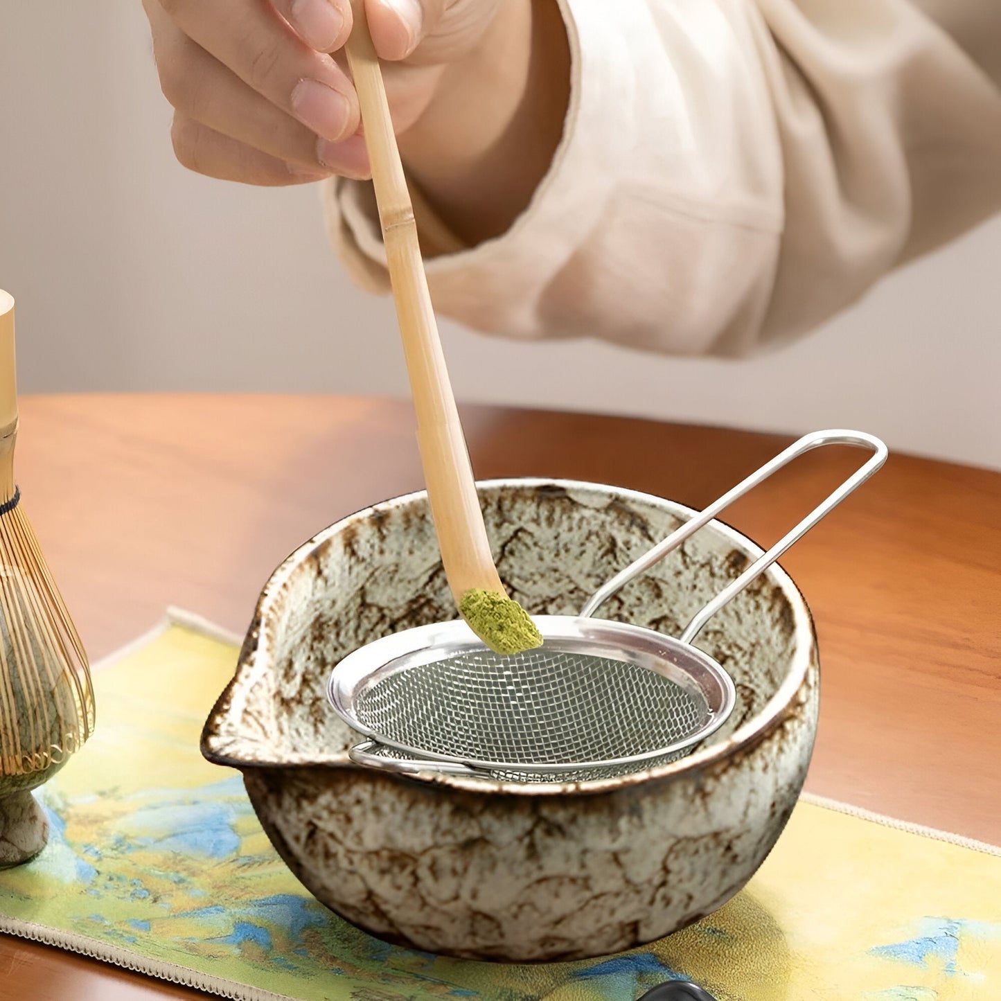 Traditionelt Matcha Tesæt med 6 Dele i Bambus og Keramik