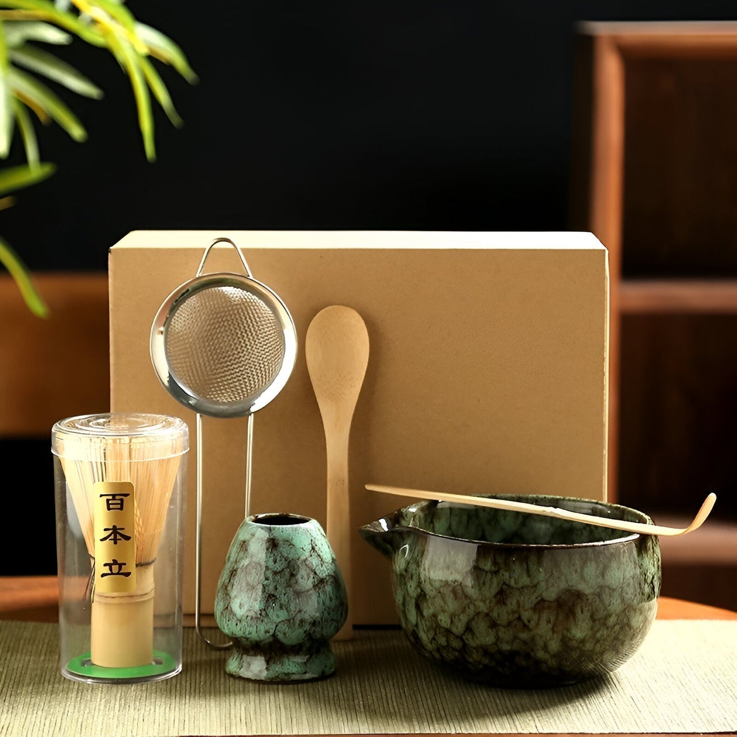 Traditionelt Matcha Tesæt med 6 Dele i Bambus og Keramik