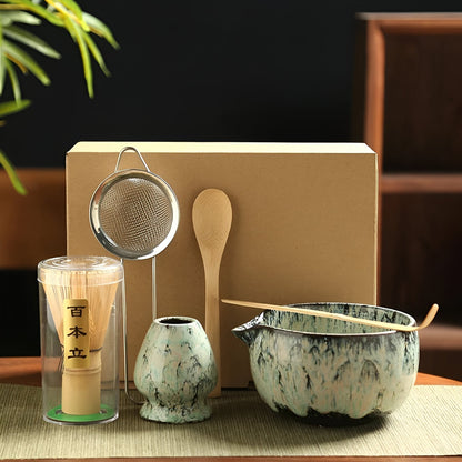 Traditionelt Matcha Tesæt med 6 Dele i Bambus og Keramik