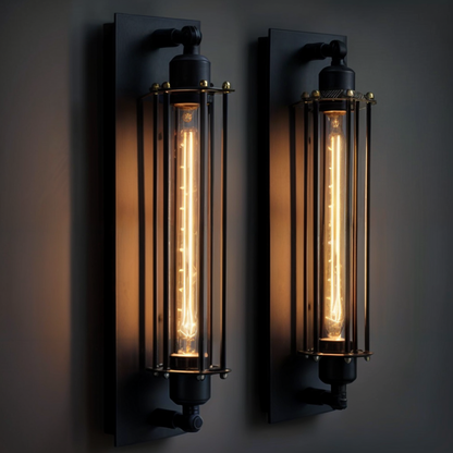 Vintage industriel væglampe med metalkurvdesign