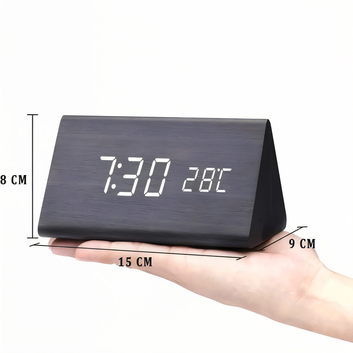 WakeyCue Træ LED Vækkeur med Temperatur- og Luftfugtighedsdisplay