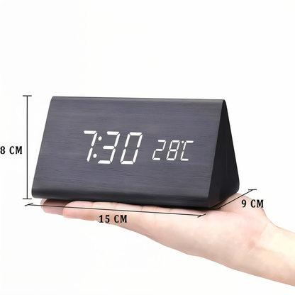 WakeyCue Træ LED Vækkeur med Temperatur- og Luftfugtighedsdisplay