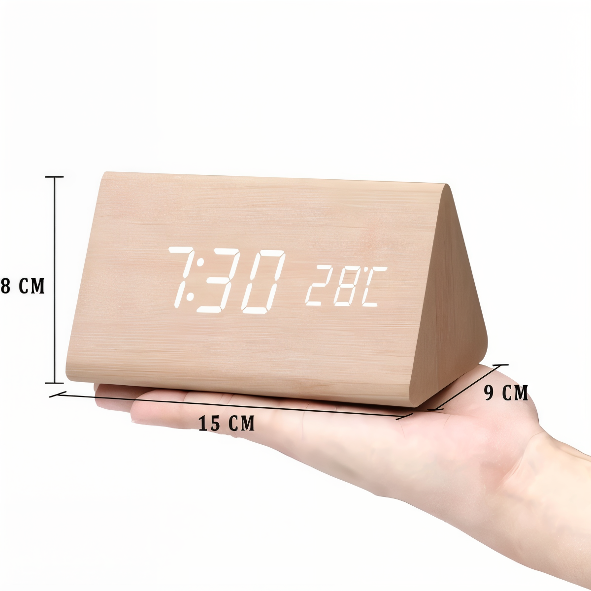 WakeyCue Træ LED Vækkeur med Temperatur- og Luftfugtighedsdisplay