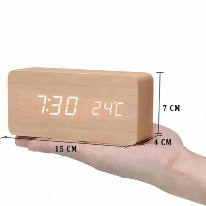 WakeyCue Træ LED Vækkeur med Temperatur- og Luftfugtighedsdisplay