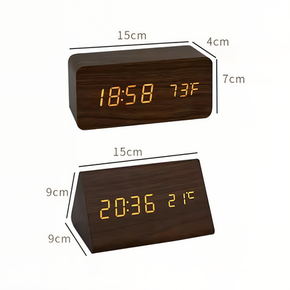 WakeyCue Træ LED Vækkeur med Temperatur- og Luftfugtighedsdisplay