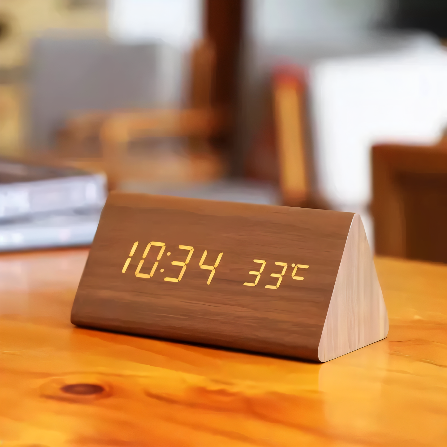 WakeyCue Træ LED Vækkeur med Temperatur- og Luftfugtighedsdisplay