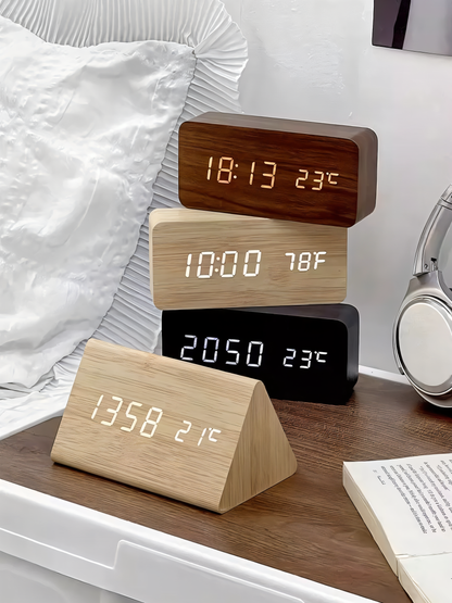 WakeyCue Træ LED Vækkeur med Temperatur- og Luftfugtighedsdisplay