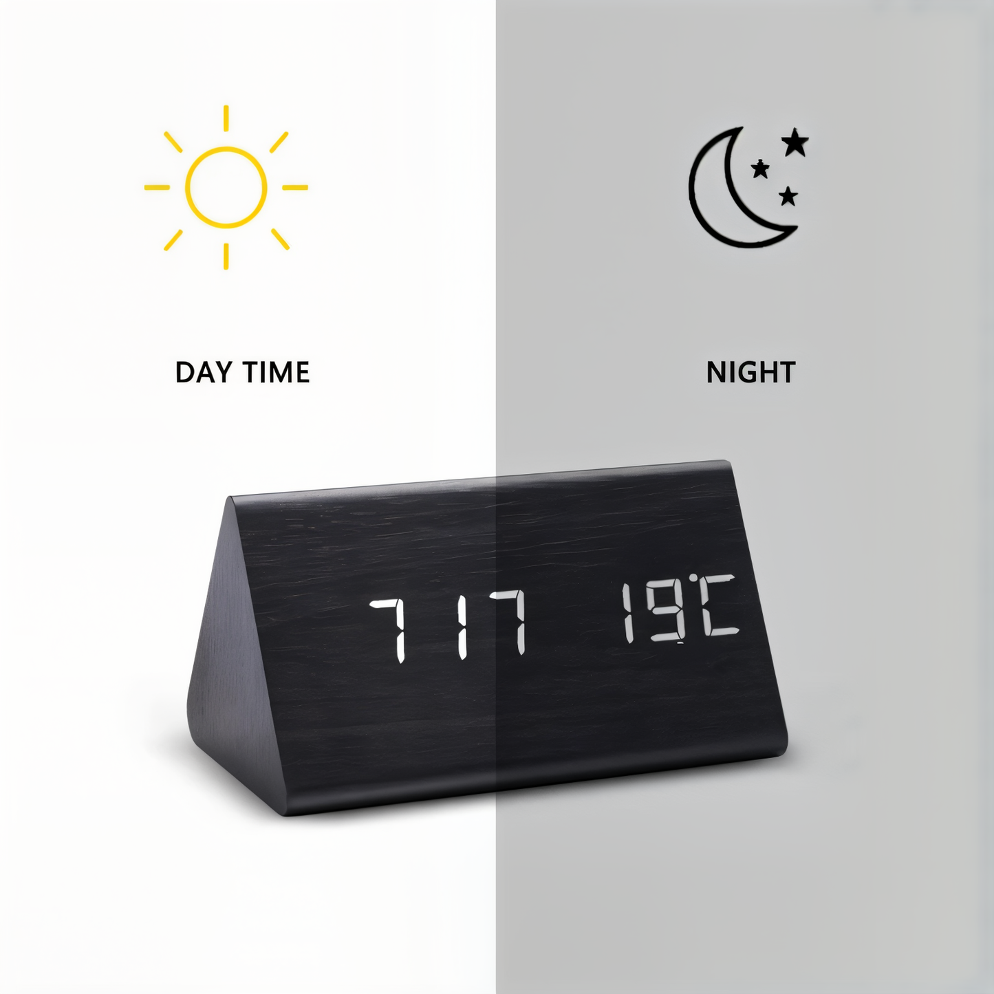 WakeyCue Træ LED Vækkeur med Temperatur- og Luftfugtighedsdisplay