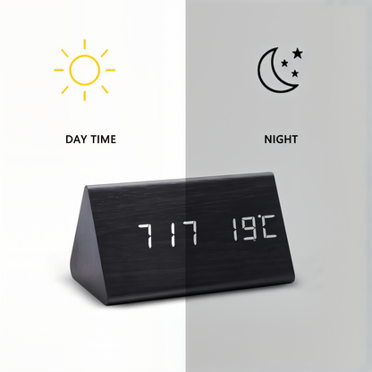 WakeyCue Træ LED Vækkeur med Temperatur- og Luftfugtighedsdisplay