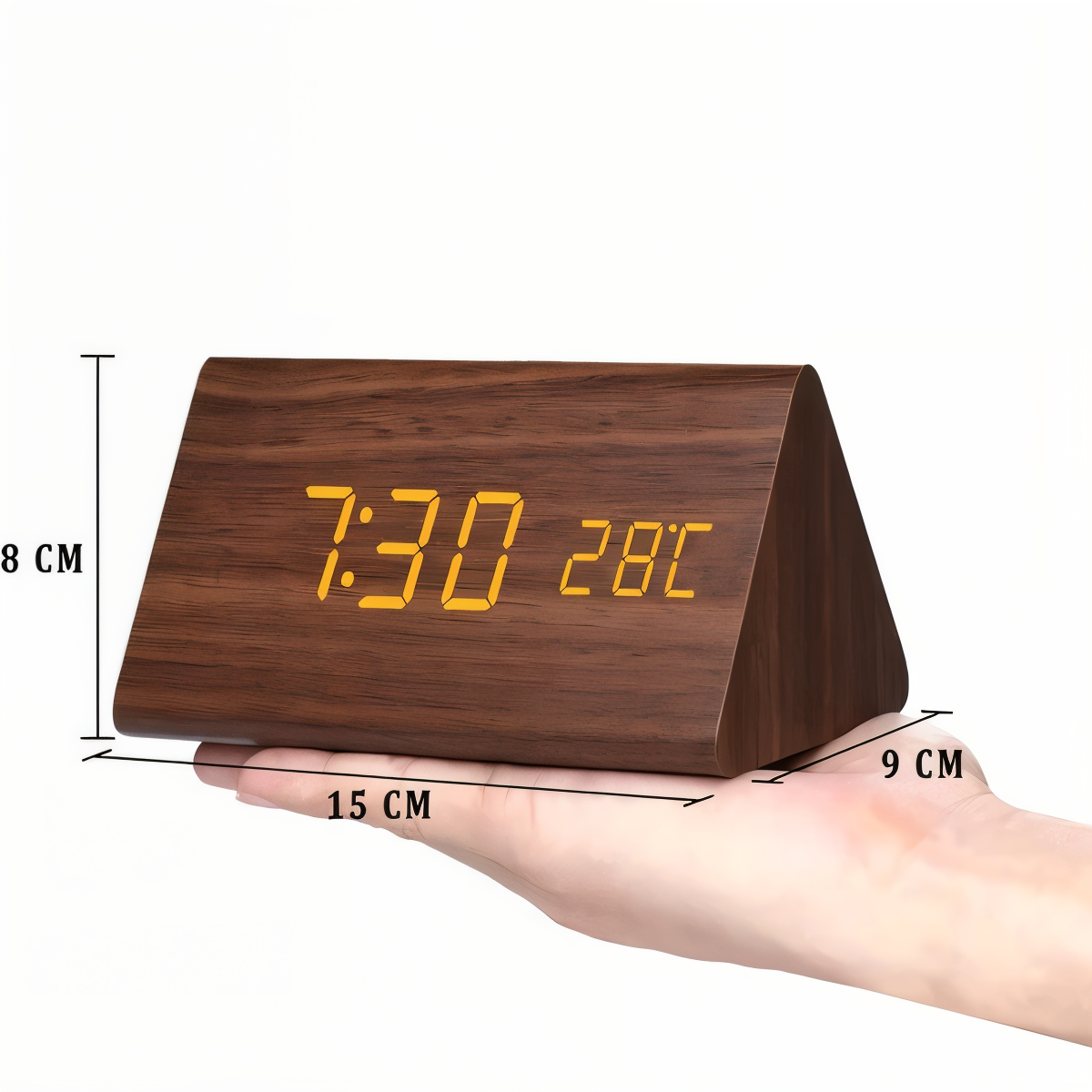 WakeyCue Træ LED Vækkeur med Temperatur- og Luftfugtighedsdisplay